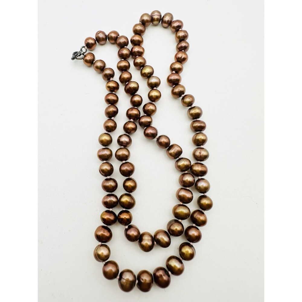 Vtg JCM Sterling Silver Bronze Freshwater Pearl Necklace Chocolate Knotted 17.5”